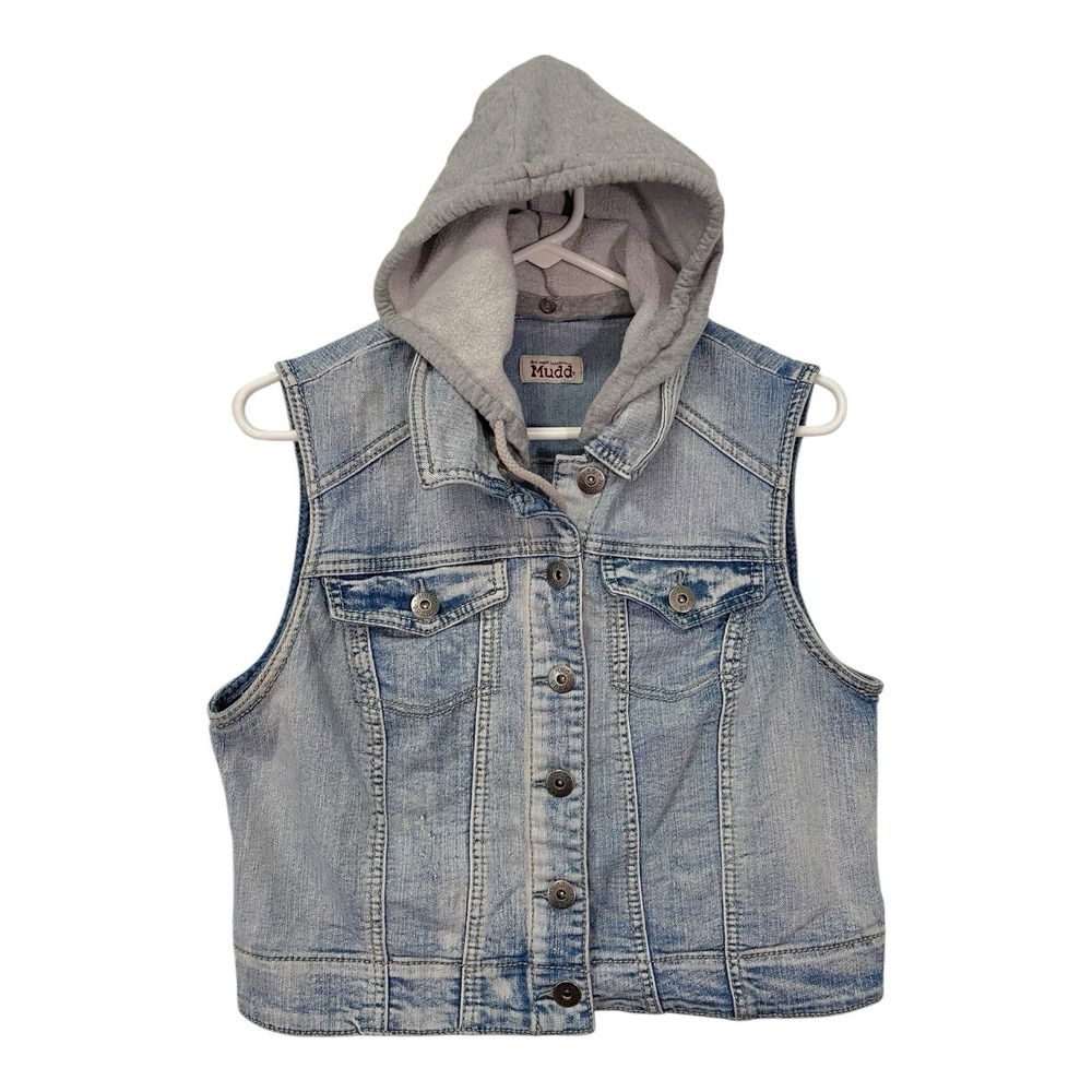 Mudd XL Blue Denim Vest Hooded Button Front Light Wash Trucker Y2K Grunge Indie